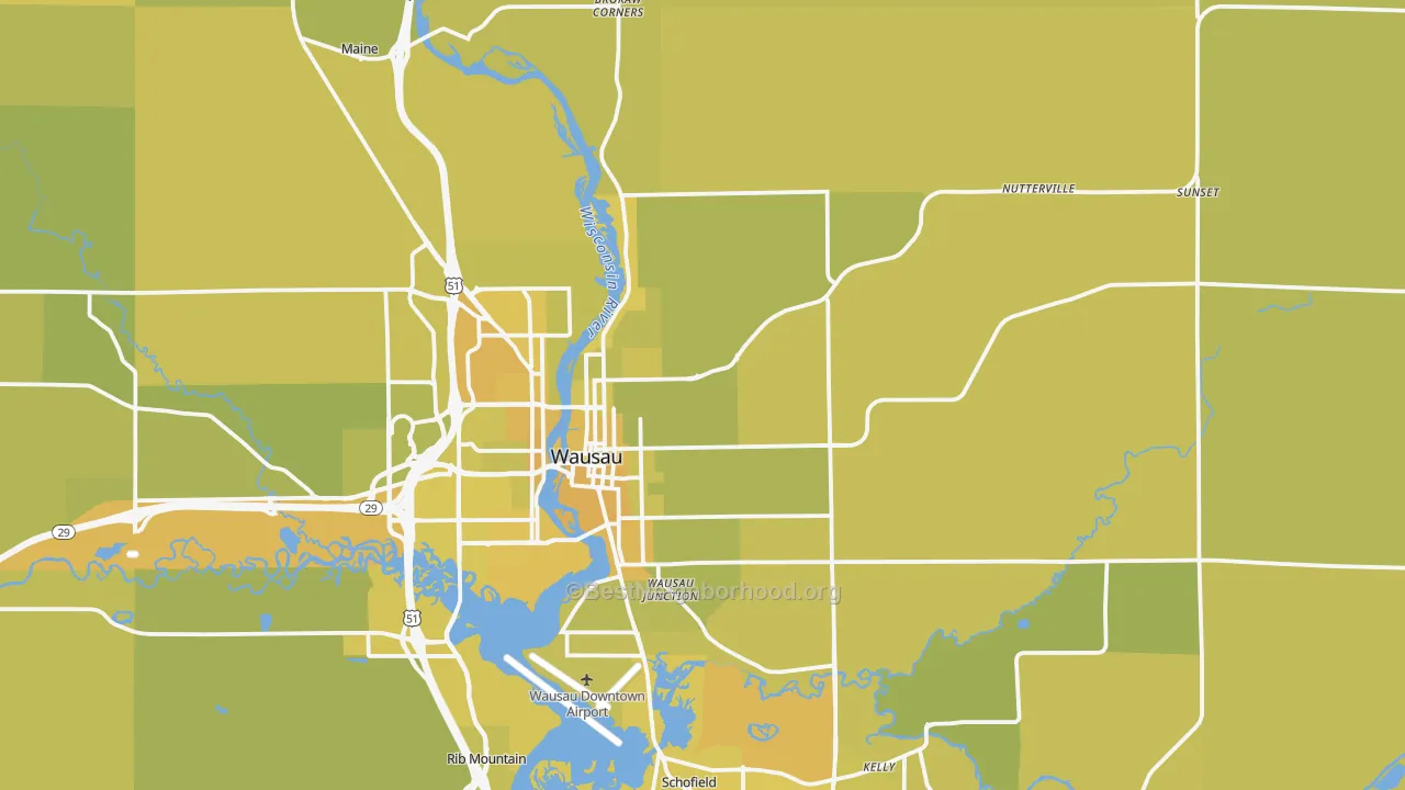 Map of the best neighborhoods in the 54403 area, with better matches in green and worse matches in red