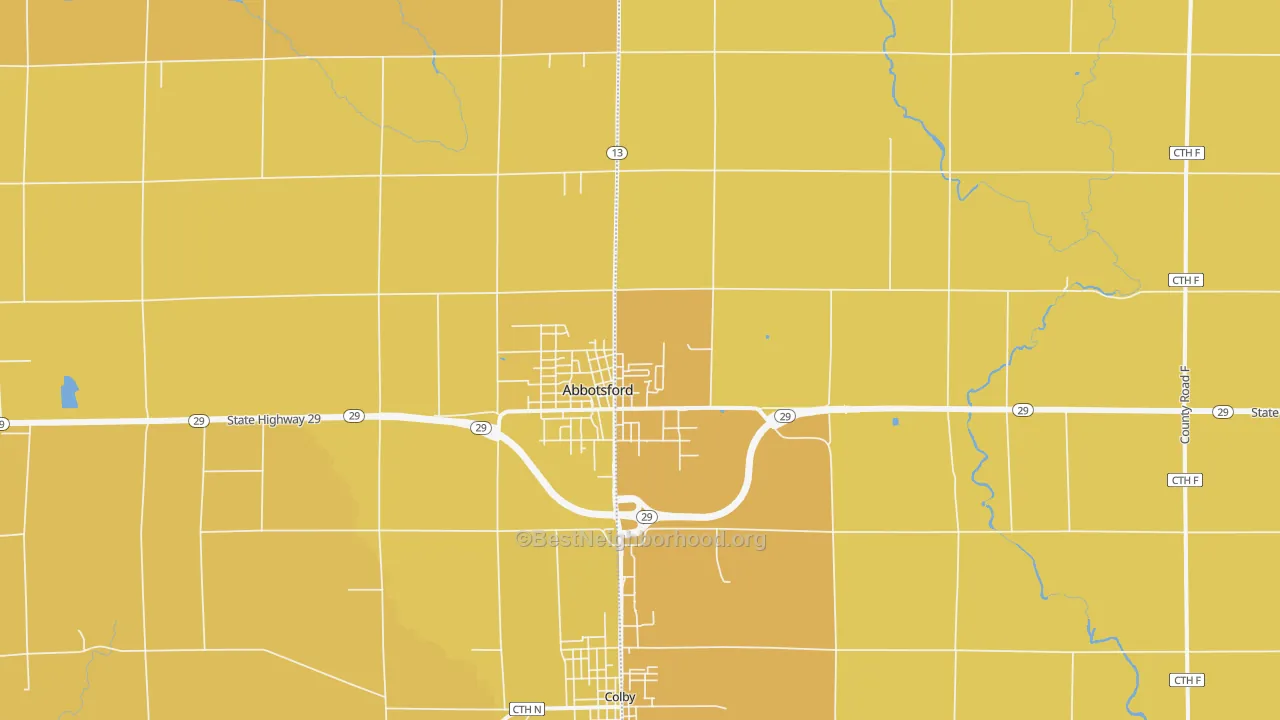 Map of the best neighborhoods in the 54405 area, with better matches in green and worse matches in red
