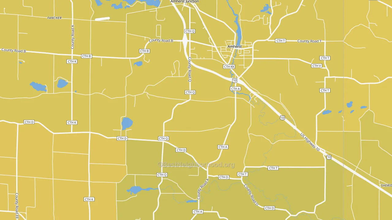 Map of the best neighborhoods in the 54406 area, with better matches in green and worse matches in red