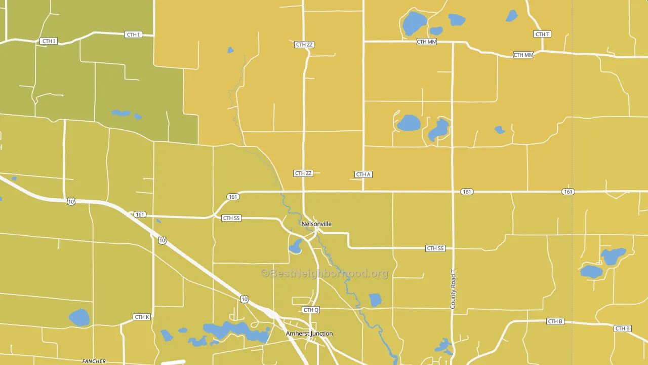 Map of the best neighborhoods in the 54407 area, with better matches in green and worse matches in red