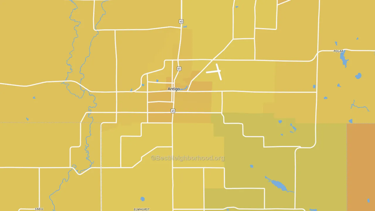 Map of the best neighborhoods in the 54409 area, with better matches in green and worse matches in red