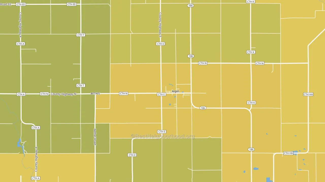 Map of the best neighborhoods in the 54410 area, with better matches in green and worse matches in red