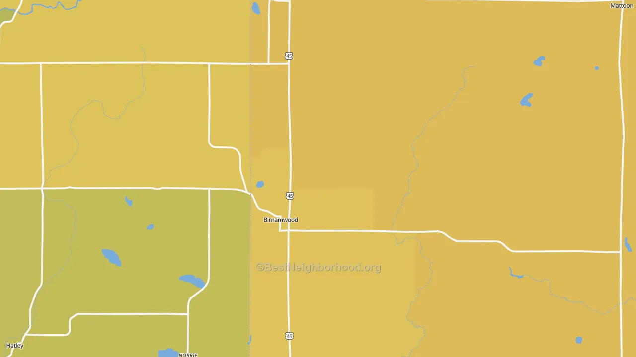 Map of the best neighborhoods in the 54414 area, with better matches in green and worse matches in red