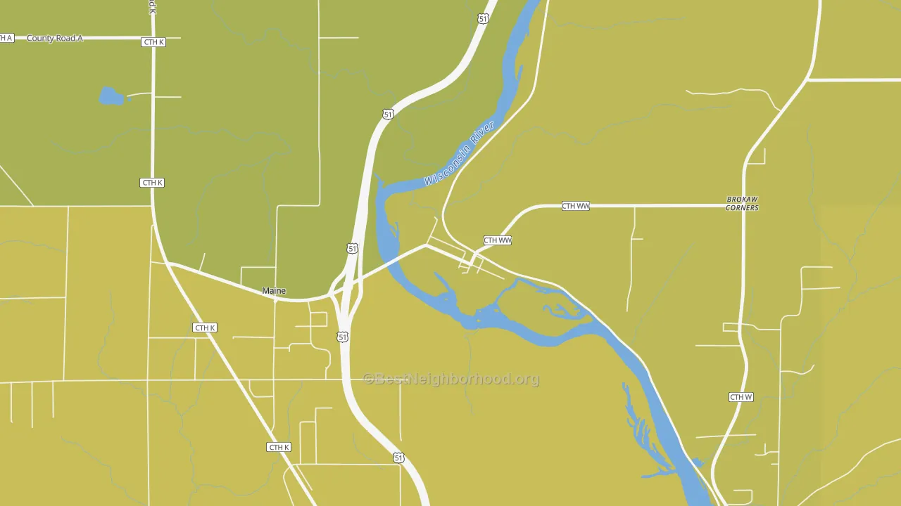 Map of the best neighborhoods in the 54417 area, with better matches in green and worse matches in red