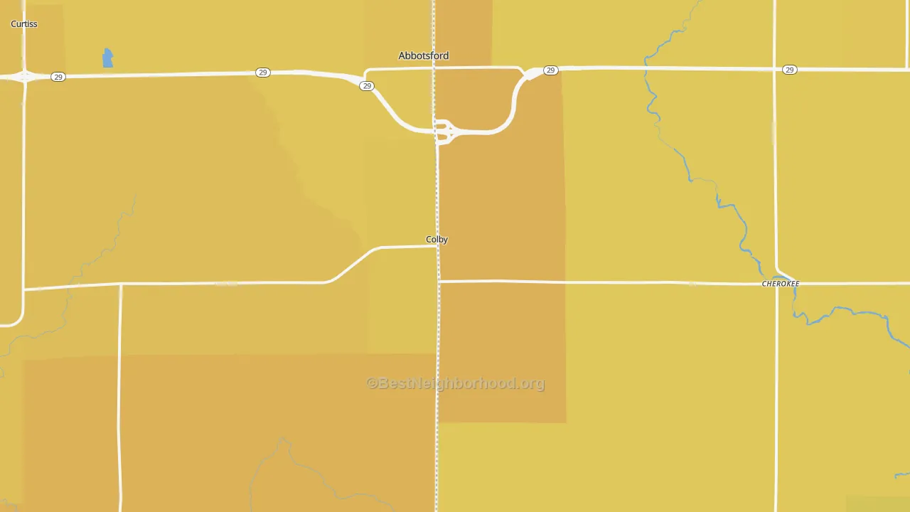 Map of the best neighborhoods in the 54421 area, with better matches in green and worse matches in red
