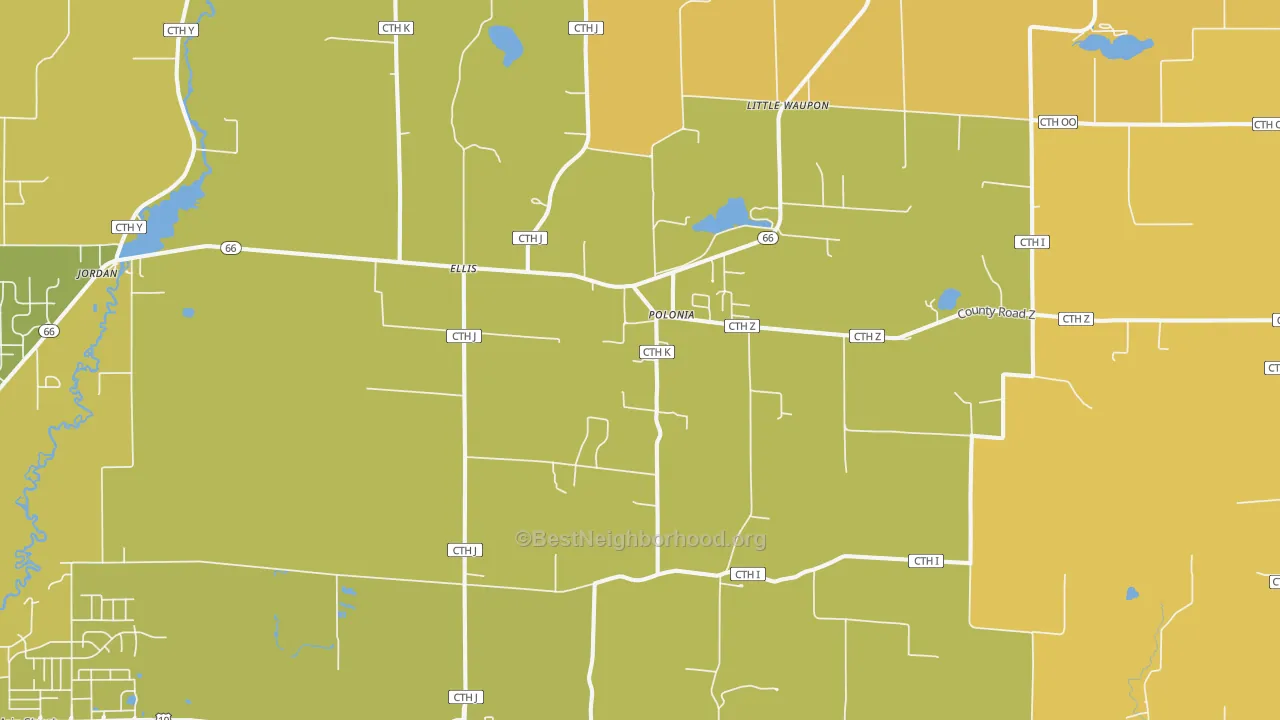 Map of the best neighborhoods in the 54423 area, with better matches in green and worse matches in red