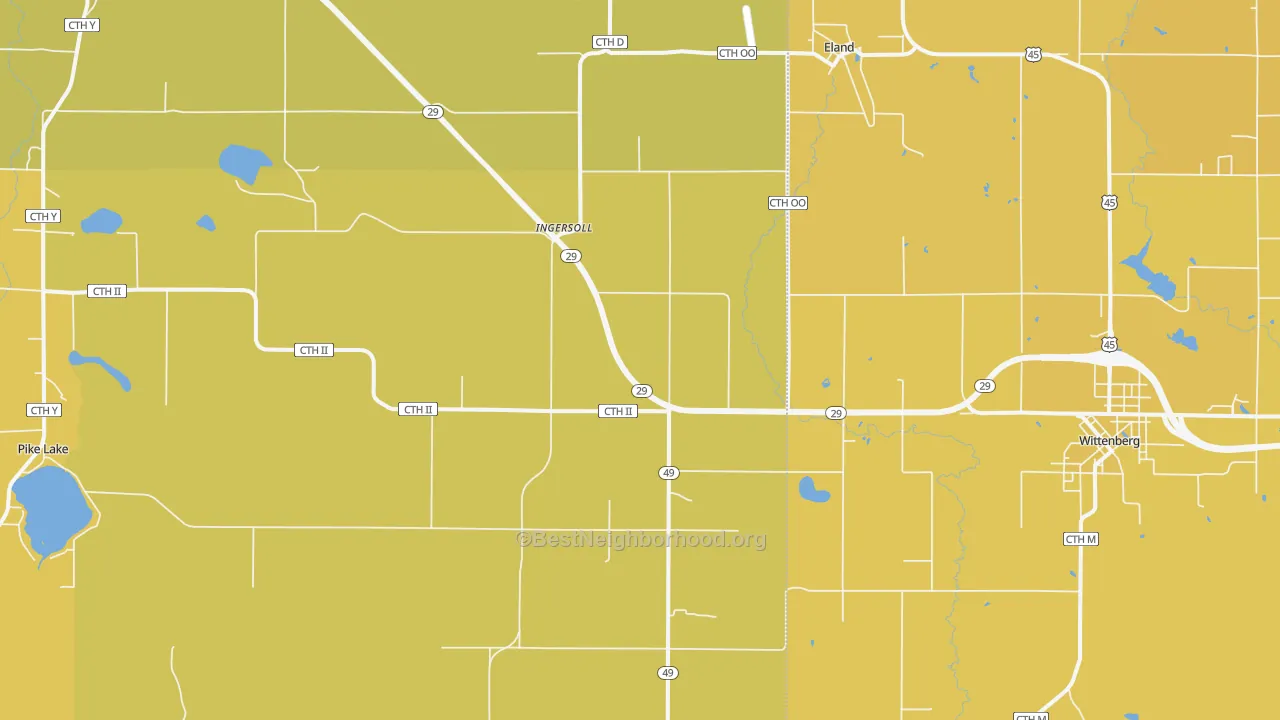 Map of the best neighborhoods in the 54427 area, with better matches in green and worse matches in red