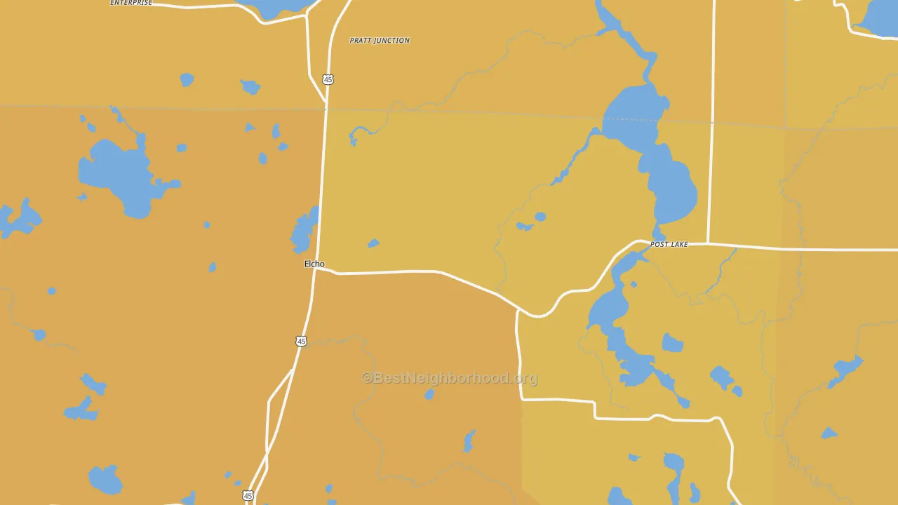 Map of the best neighborhoods in the 54428 area, with better matches in green and worse matches in red