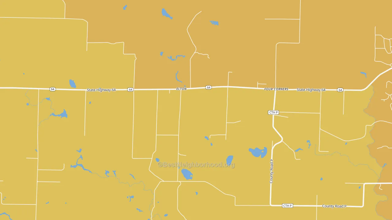 Map of the best neighborhoods in the 54430 area, with better matches in green and worse matches in red