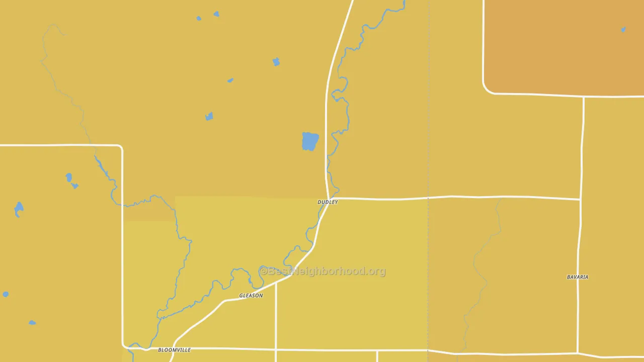 Map of the best neighborhoods in the 54435 area, with better matches in green and worse matches in red