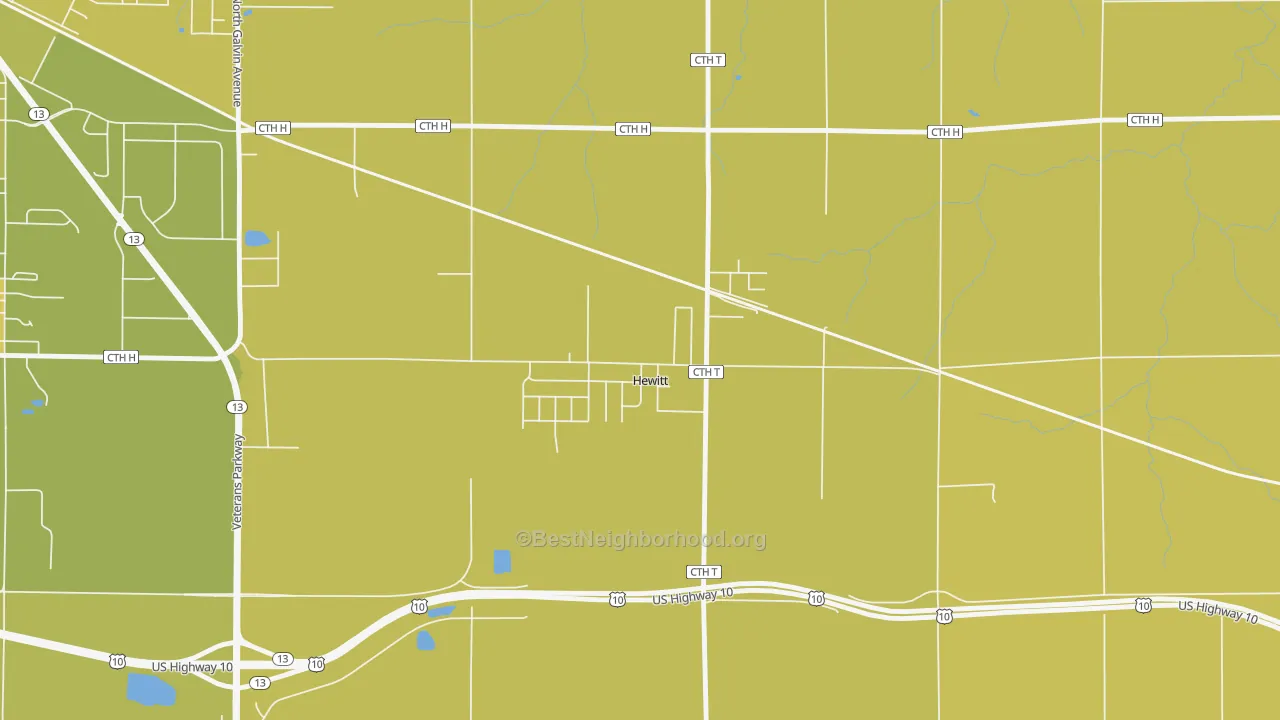 Map of the best neighborhoods in the 54441 area, with better matches in green and worse matches in red