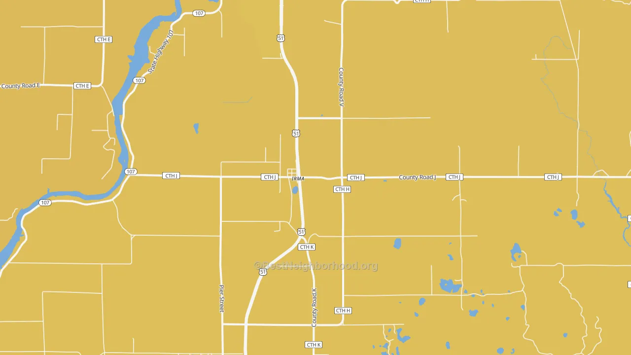 Map of the best neighborhoods in the 54442 area, with better matches in green and worse matches in red