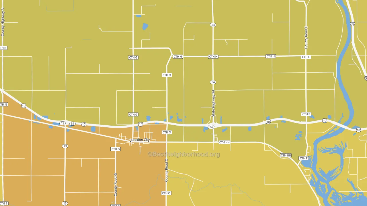 Map of the best neighborhoods in the 54443 area, with better matches in green and worse matches in red