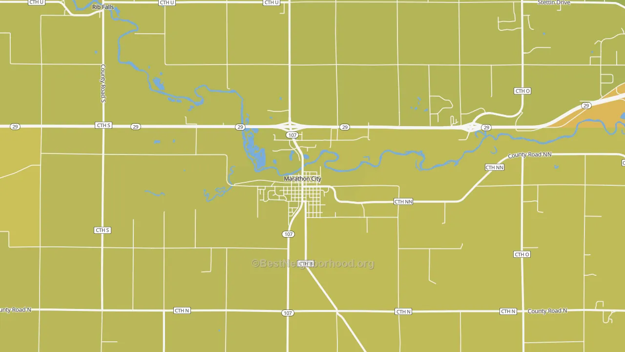 Map of the best neighborhoods in the 54448 area, with better matches in green and worse matches in red