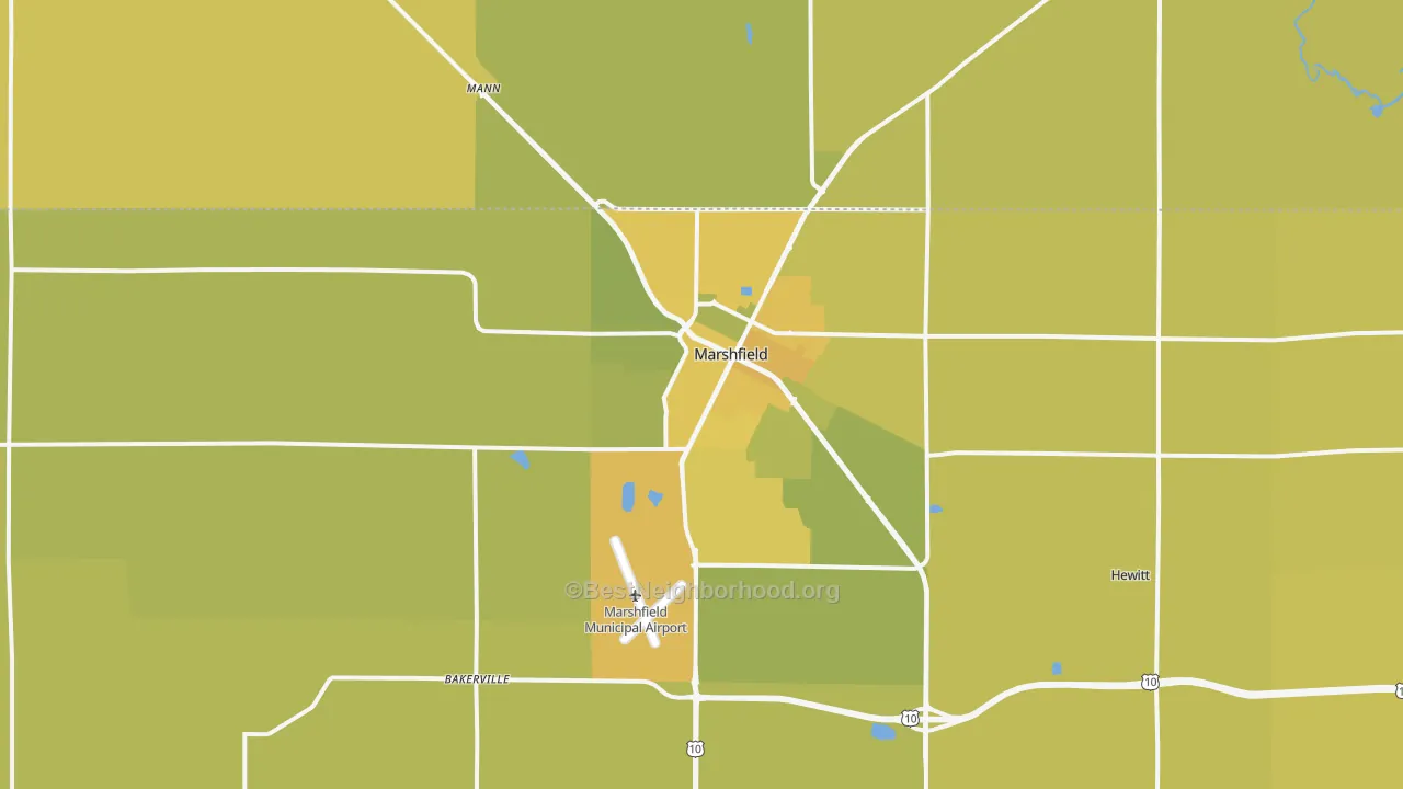 Map of the best neighborhoods in the 54449 area, with better matches in green and worse matches in red