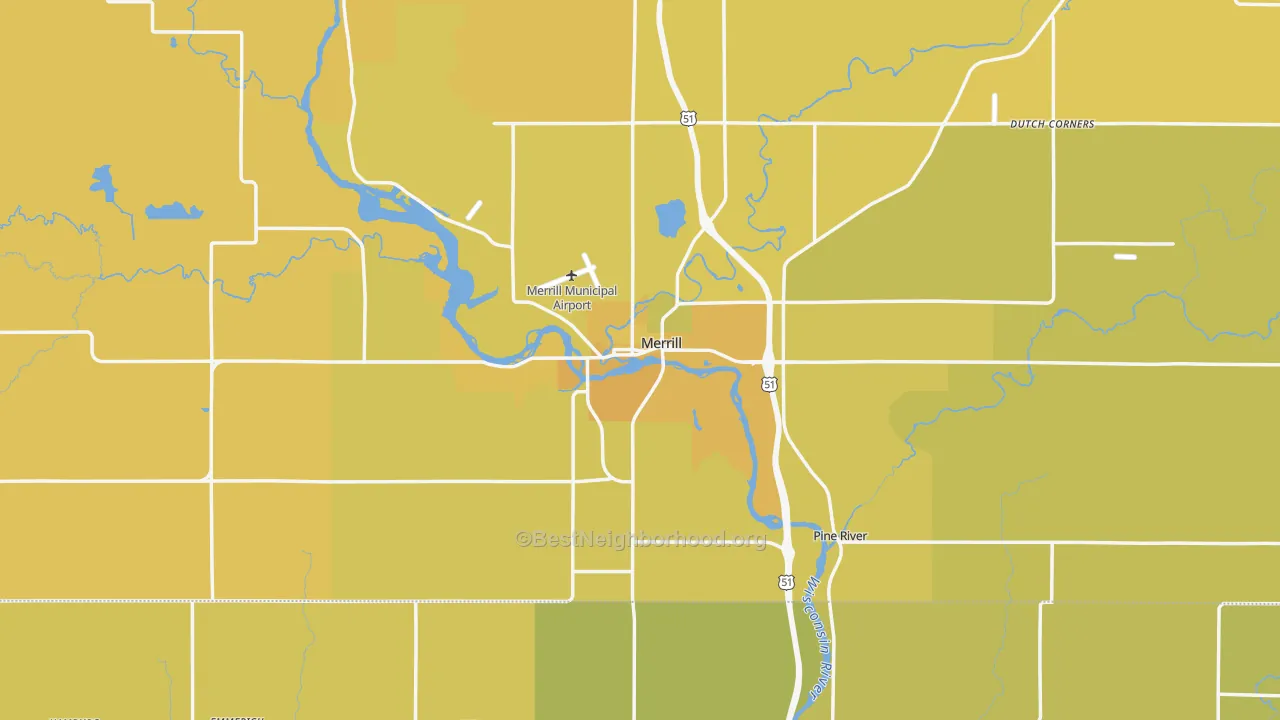 Map of the best neighborhoods in the 54452 area, with better matches in green and worse matches in red