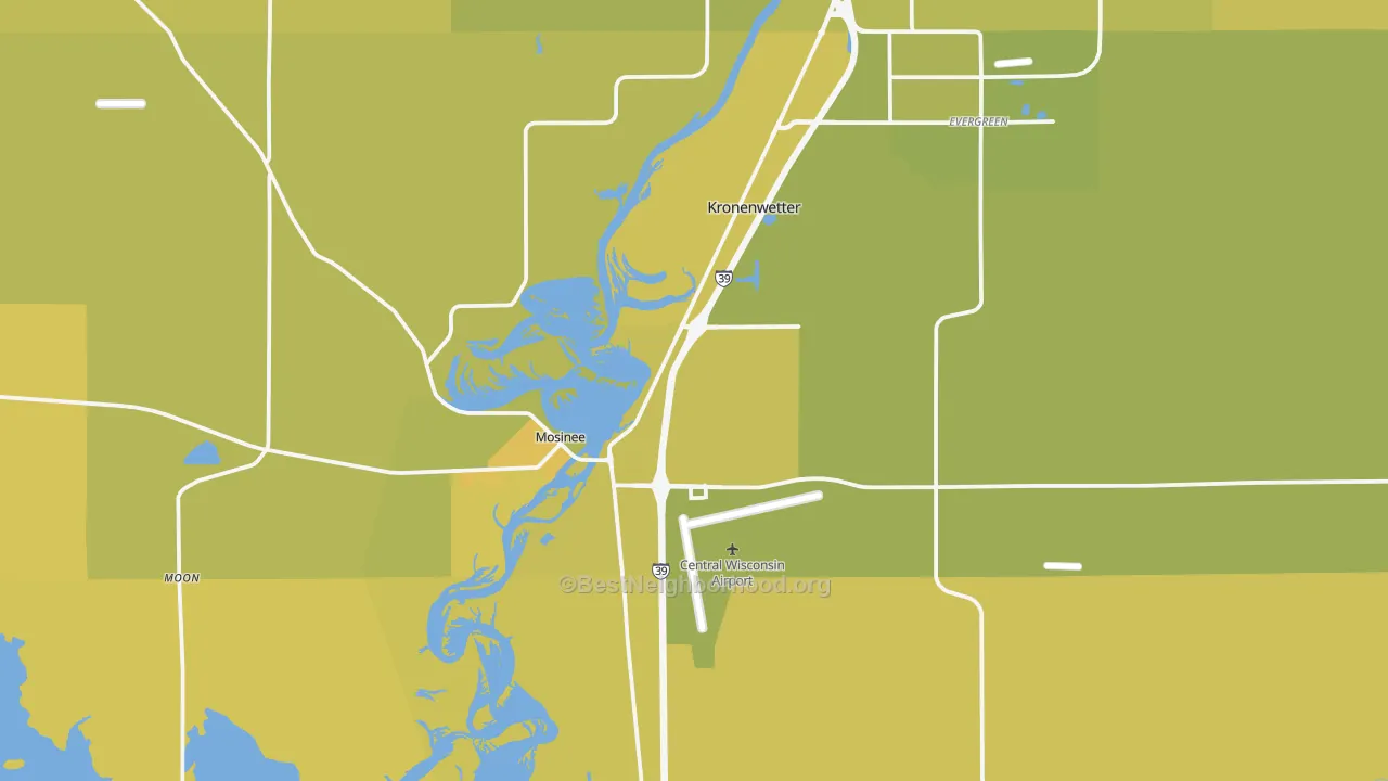 Map of the best neighborhoods in the 54455 area, with better matches in green and worse matches in red