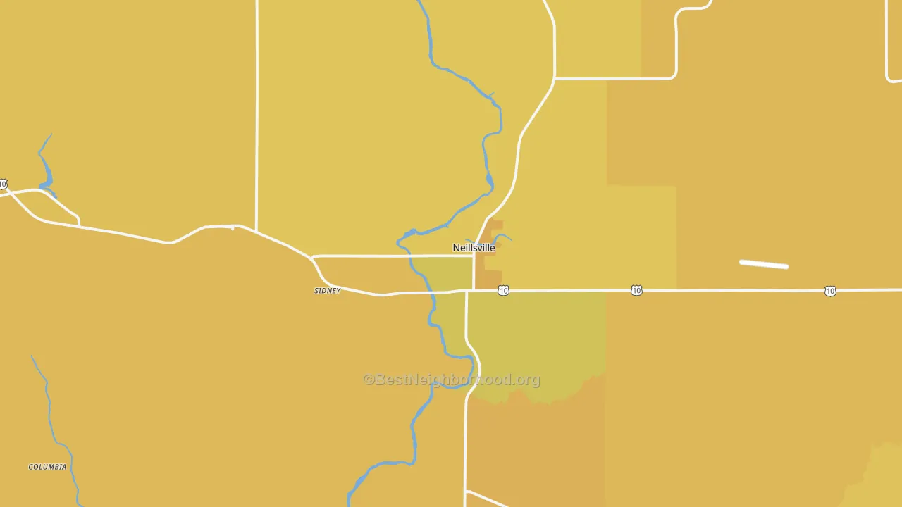 Map of the best neighborhoods in the 54456 area, with better matches in green and worse matches in red