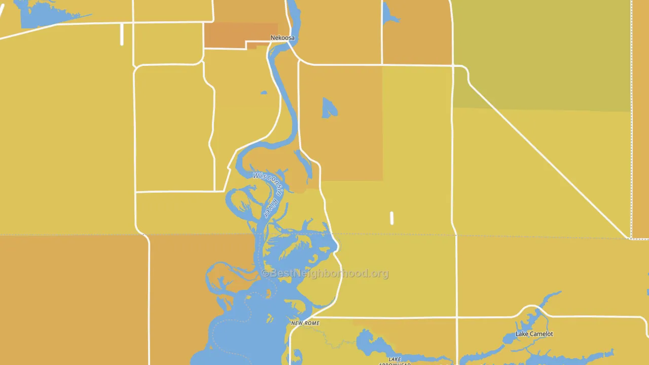 Map of the best neighborhoods in the 54457 area, with better matches in green and worse matches in red