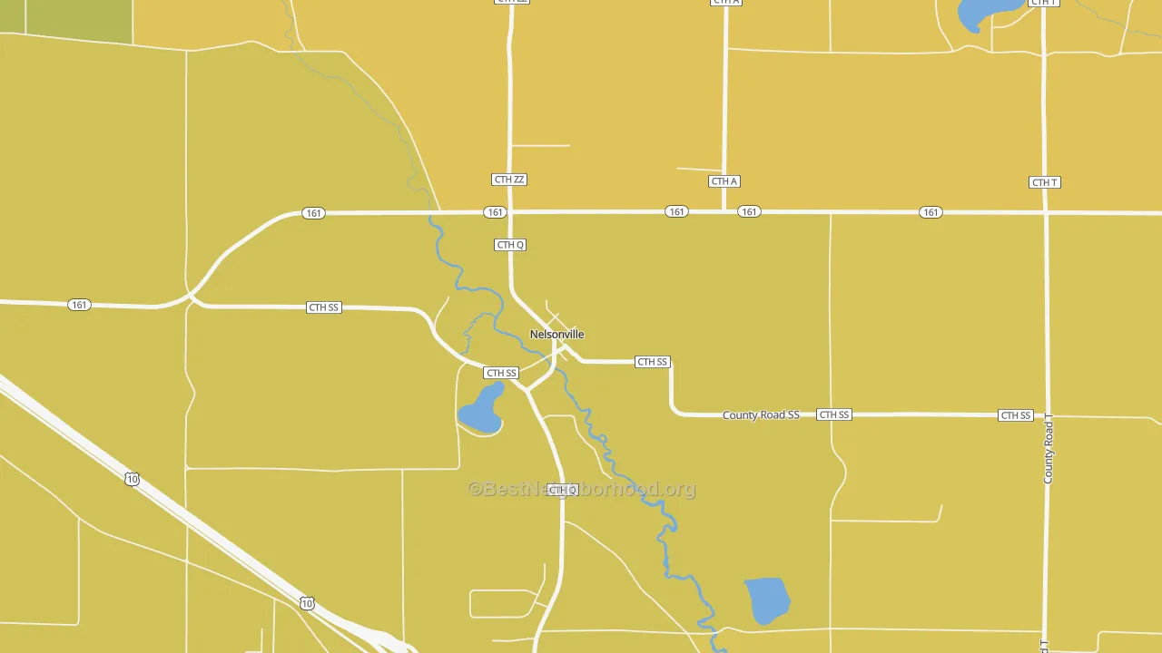 Map of the best neighborhoods in the 54458 area, with better matches in green and worse matches in red