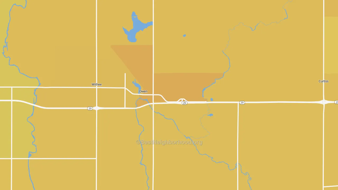 Map of the best neighborhoods in the 54460 area, with better matches in green and worse matches in red