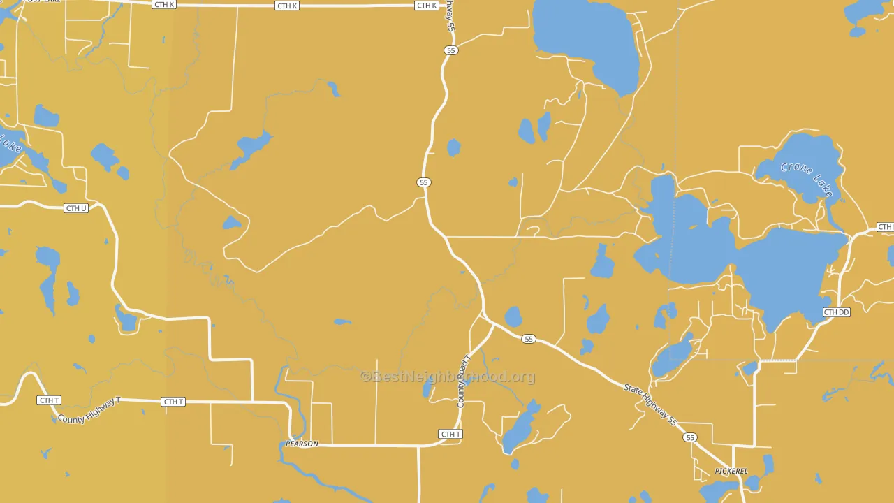 Map of the best neighborhoods in the 54462 area, with better matches in green and worse matches in red