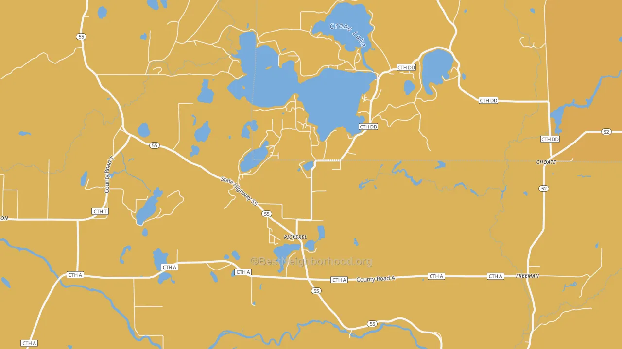 Map of the best neighborhoods in the 54465 area, with better matches in green and worse matches in red