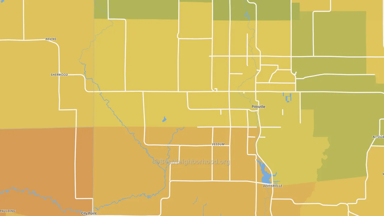 Map of the best neighborhoods in the 54466 area, with better matches in green and worse matches in red