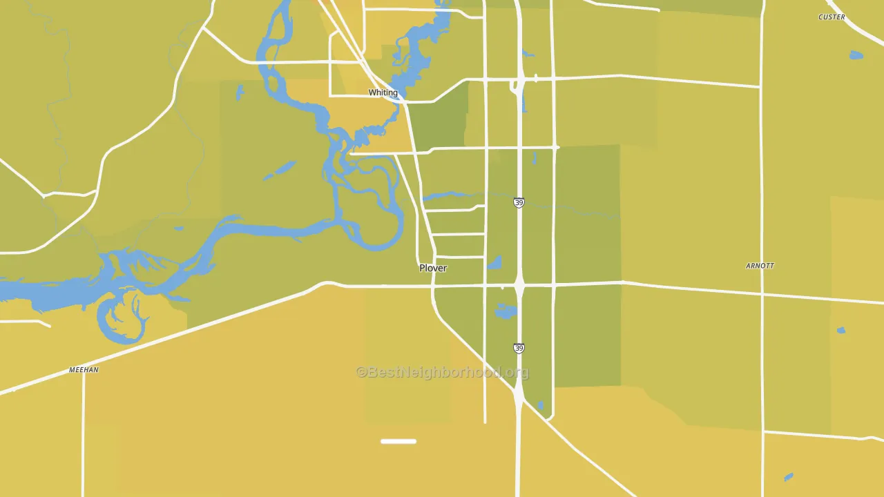 Map of the best neighborhoods in the 54467 area, with better matches in green and worse matches in red