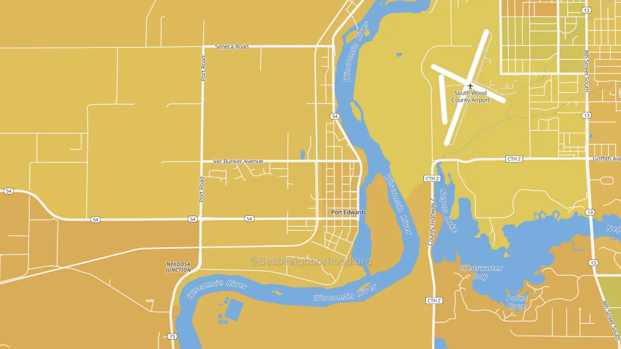 Map of the best neighborhoods in the 54469 area, with better matches in green and worse matches in red