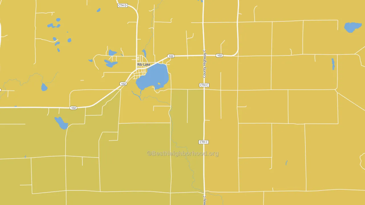 Map of the best neighborhoods in the 54470 area, with better matches in green and worse matches in red