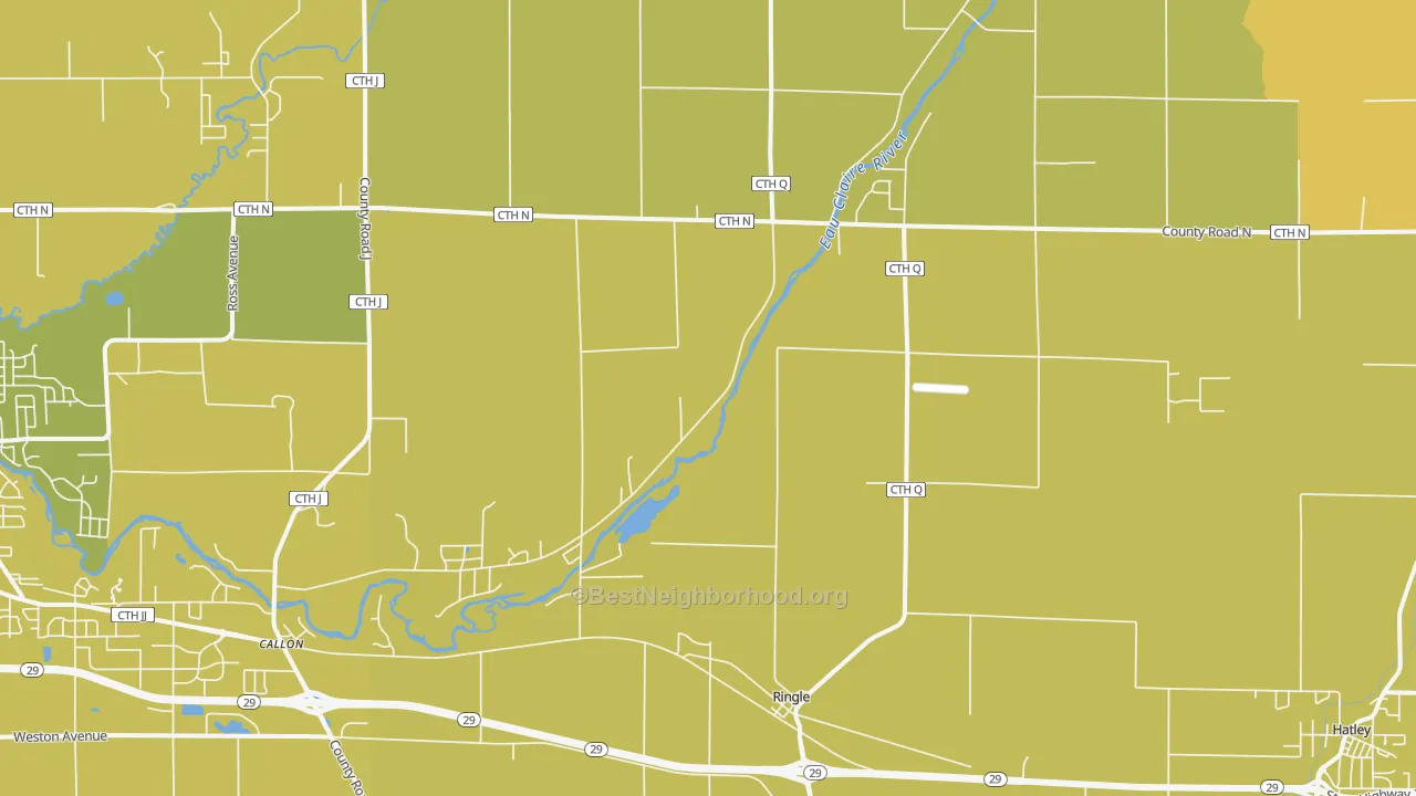 Map of the best neighborhoods in the 54471 area, with better matches in green and worse matches in red