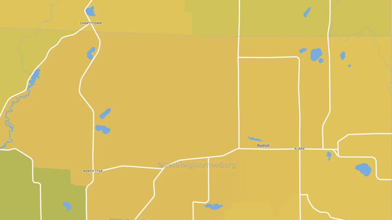 Map of the best neighborhoods in the 54473 area, with better matches in green and worse matches in red