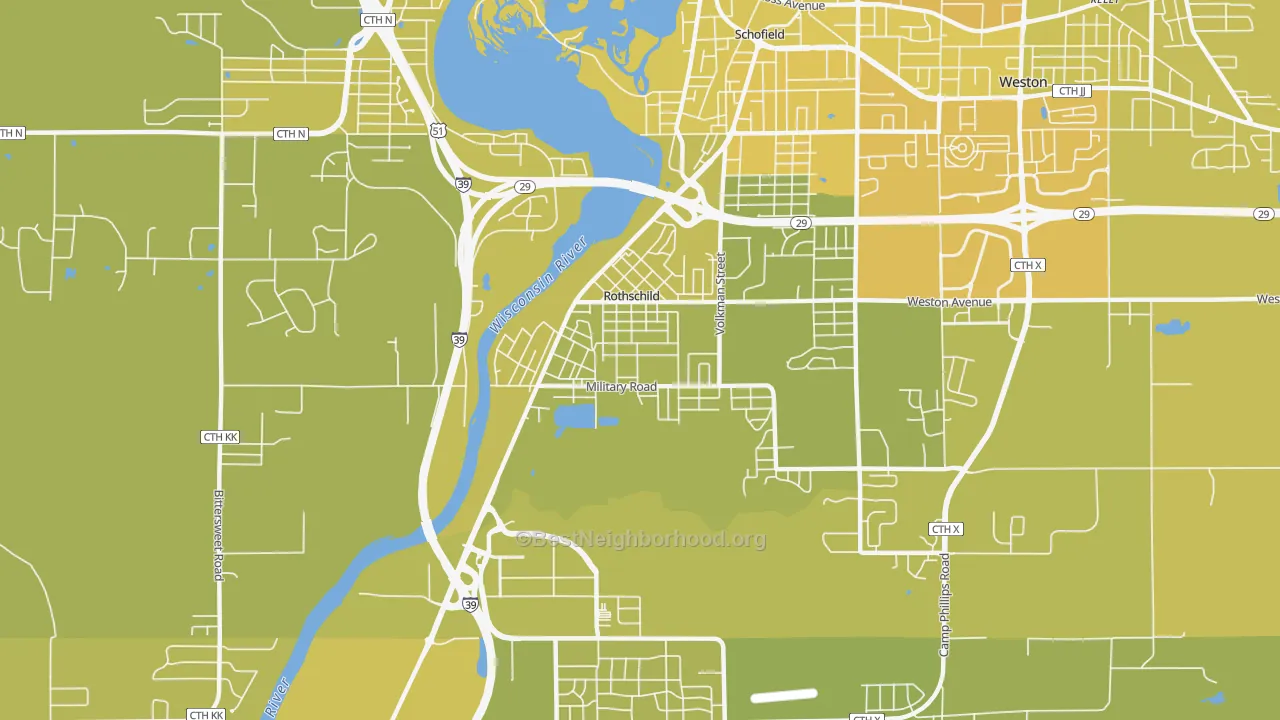 Map of the best neighborhoods in the 54474 area, with better matches in green and worse matches in red
