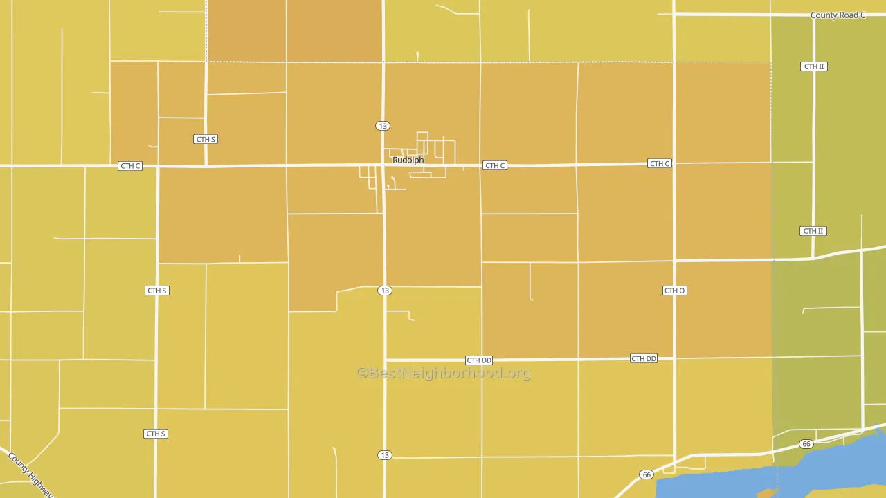 Map of the best neighborhoods in the 54475 area, with better matches in green and worse matches in red