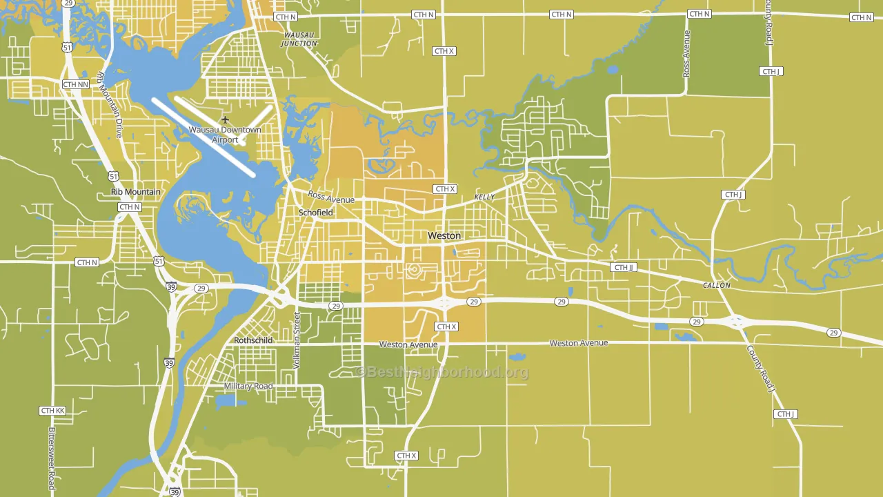 Map of the best neighborhoods in the 54476 area, with better matches in green and worse matches in red
