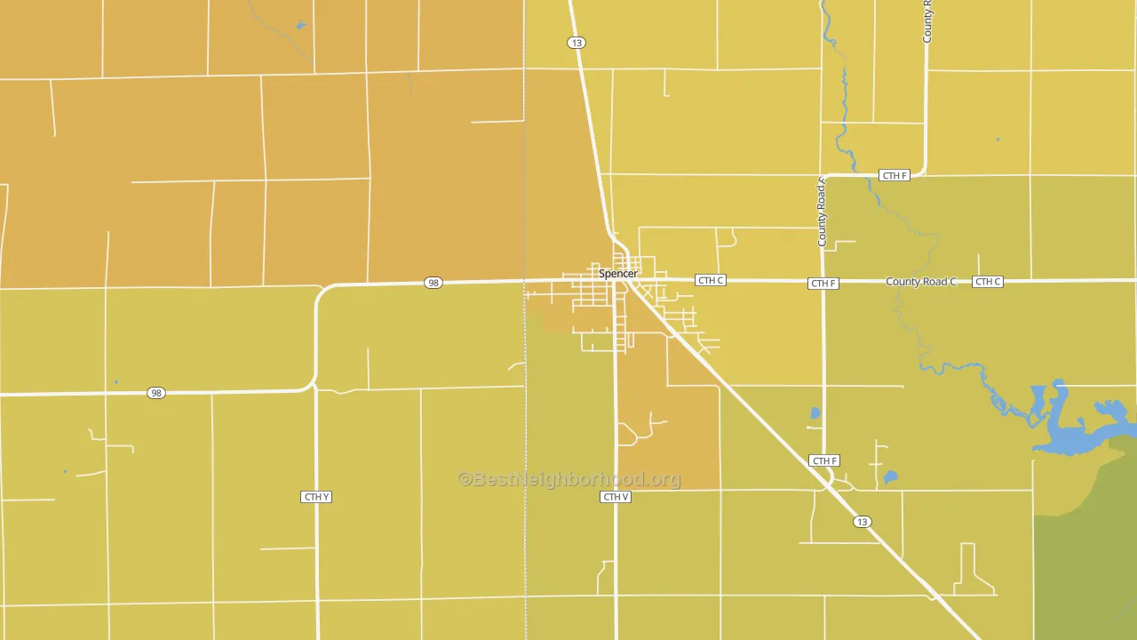 Map of the best neighborhoods in the 54479 area, with better matches in green and worse matches in red