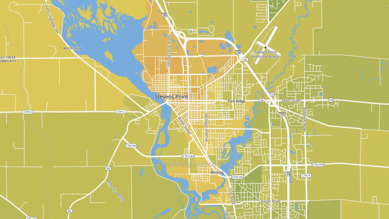 Map of the best neighborhoods in the 54481 area, with better matches in green and worse matches in red