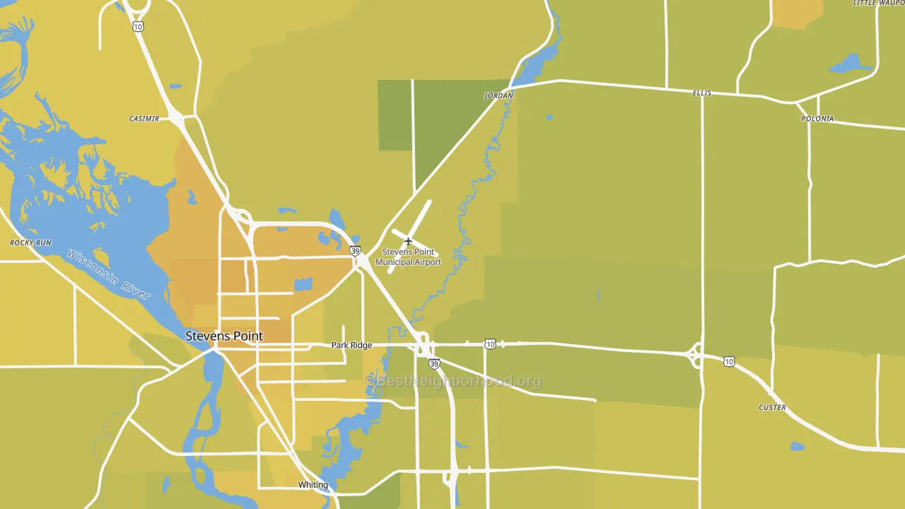 Map of the best neighborhoods in the 54482 area, with better matches in green and worse matches in red