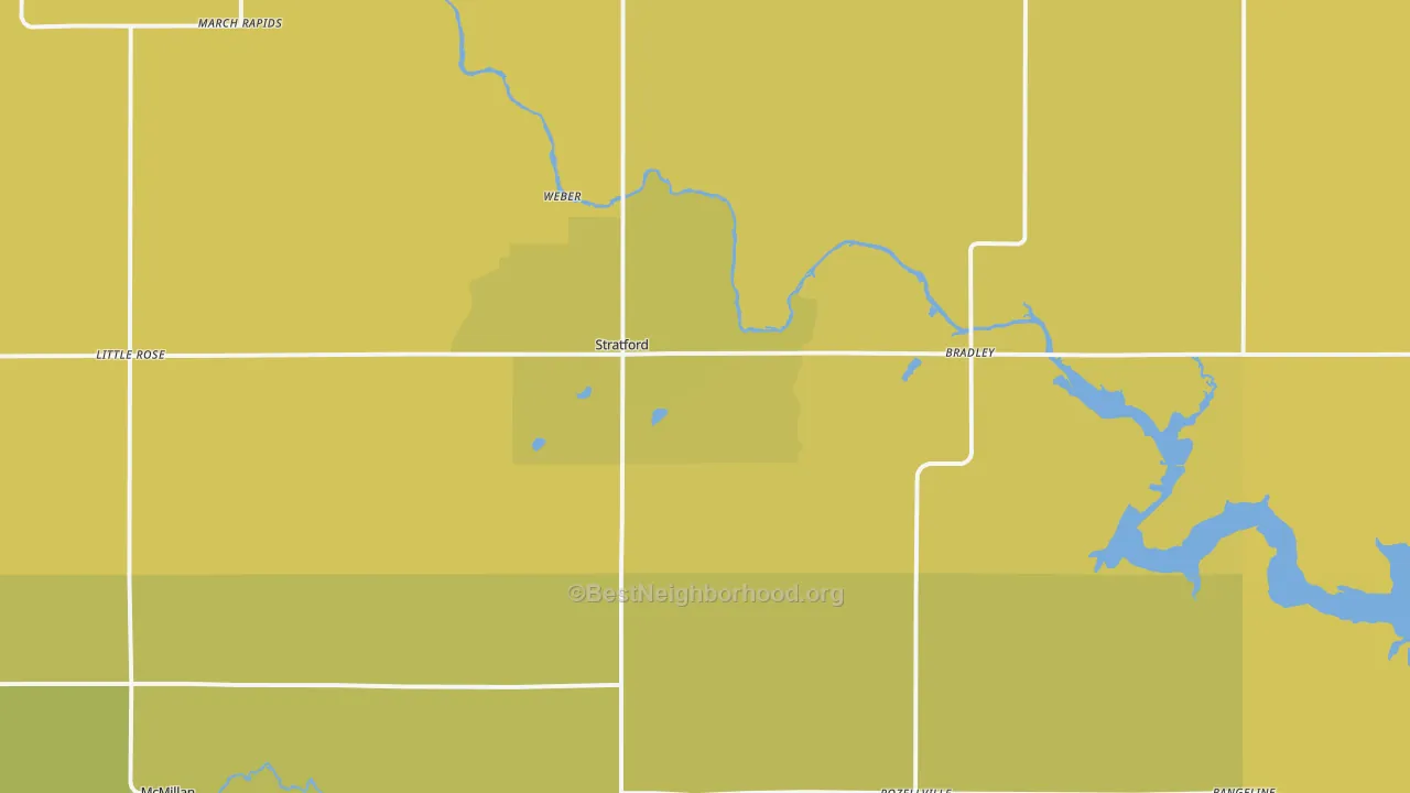 Map of the best neighborhoods in the 54484 area, with better matches in green and worse matches in red