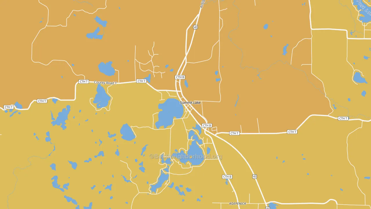 Map of the best neighborhoods in the 54485 area, with better matches in green and worse matches in red