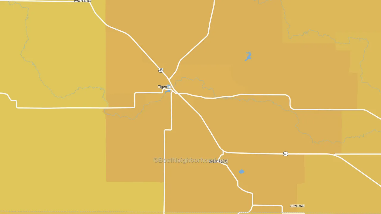 Map of the best neighborhoods in the 54486 area, with better matches in green and worse matches in red