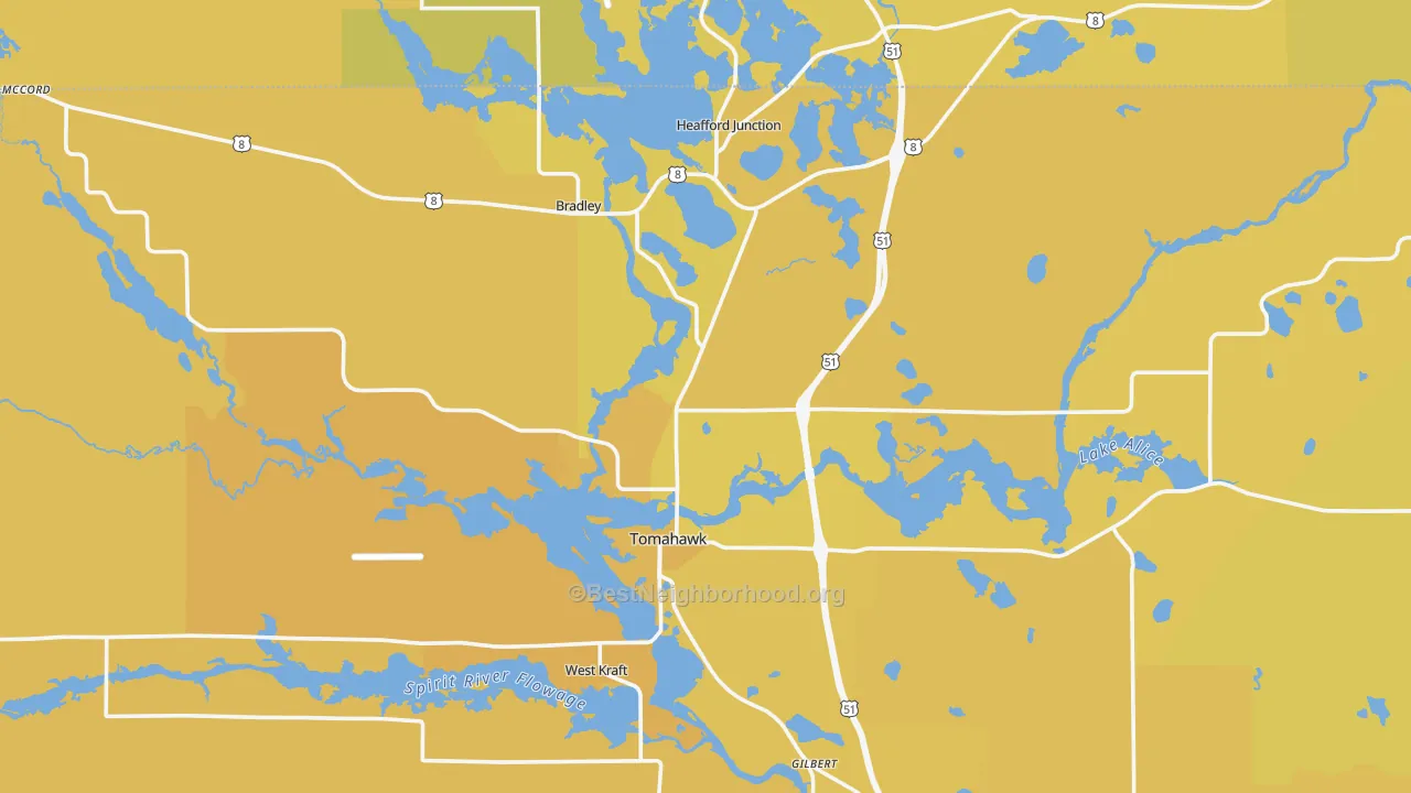 Map of the best neighborhoods in the 54487 area, with better matches in green and worse matches in red