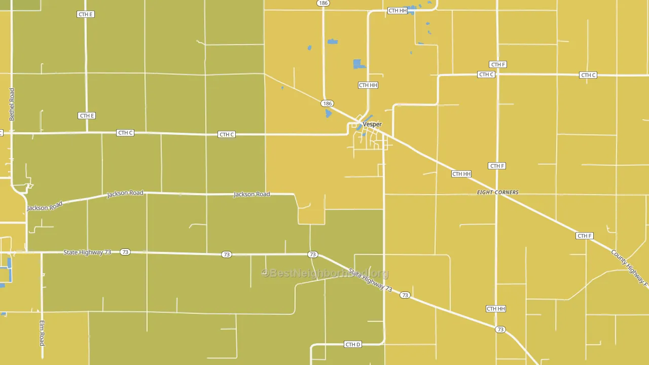 Map of the best neighborhoods in the 54489 area, with better matches in green and worse matches in red