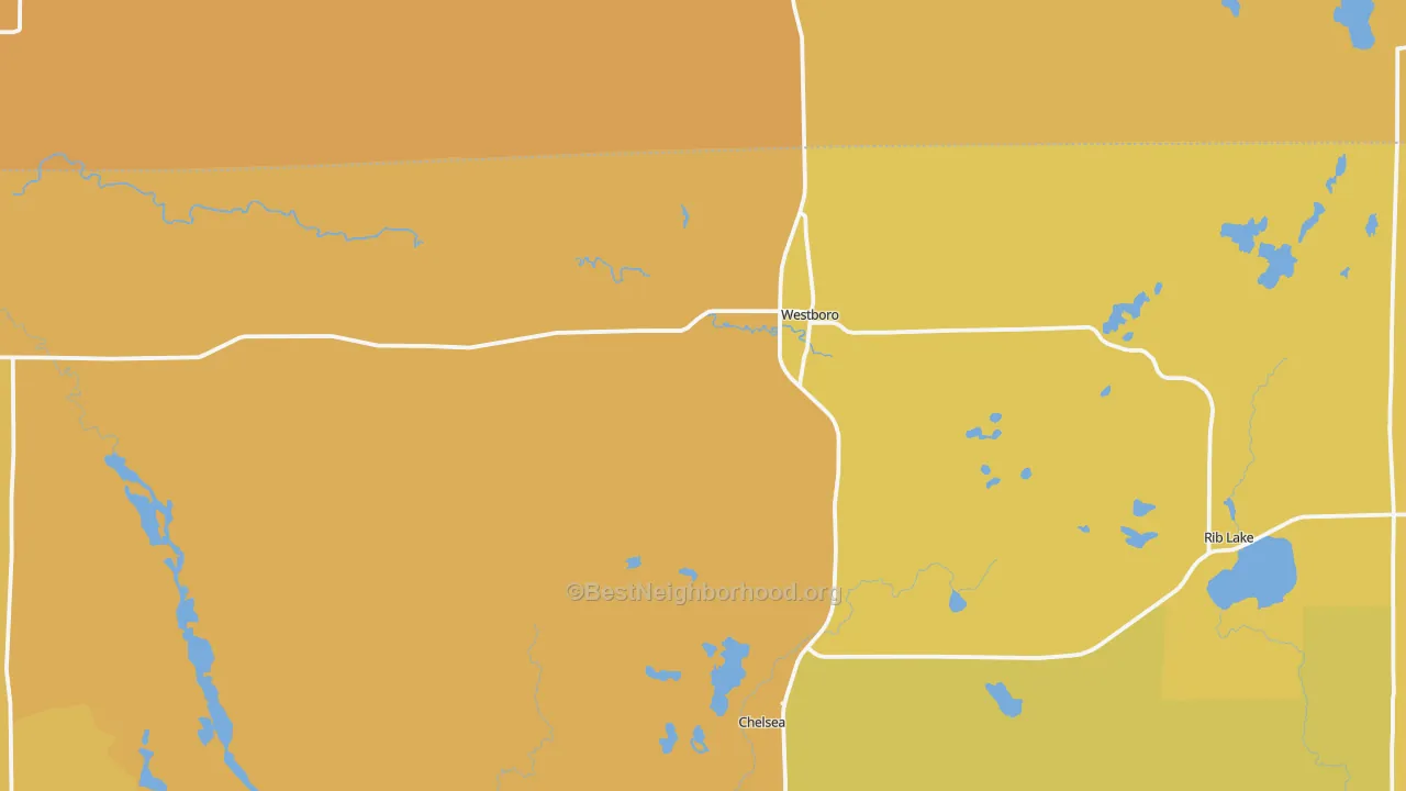 Map of the best neighborhoods in the 54490 area, with better matches in green and worse matches in red