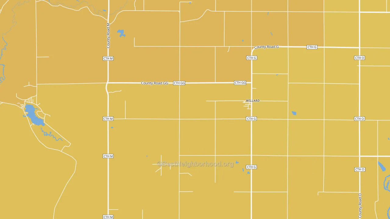Map of the best neighborhoods in the 54493 area, with better matches in green and worse matches in red