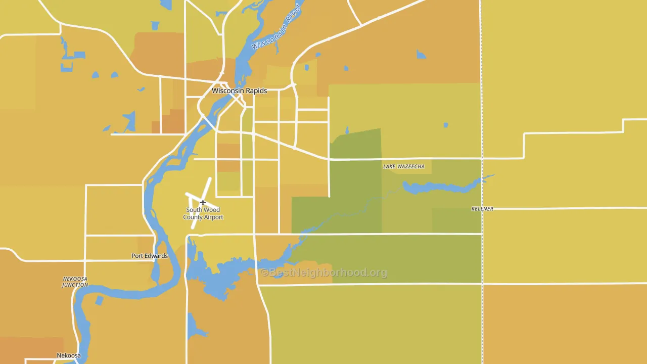Map of the best neighborhoods in the 54494 area, with better matches in green and worse matches in red