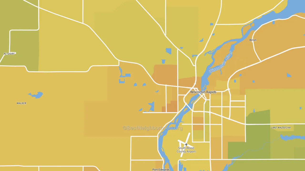 Map of the best neighborhoods in the 54495 area, with better matches in green and worse matches in red