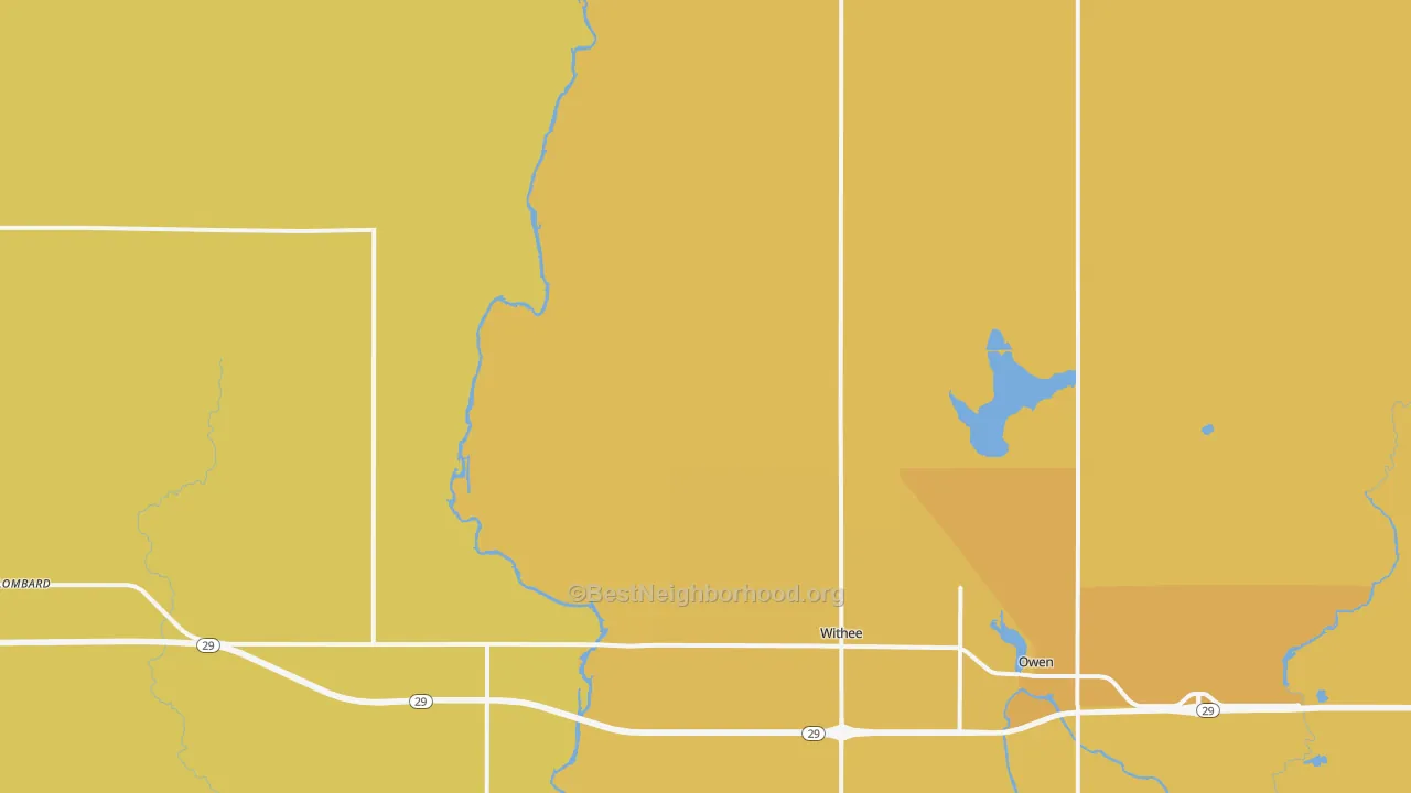 Map of the best neighborhoods in the 54498 area, with better matches in green and worse matches in red
