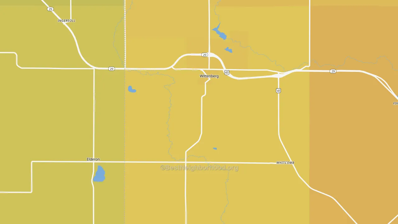 Map of the best neighborhoods in the 54499 area, with better matches in green and worse matches in red